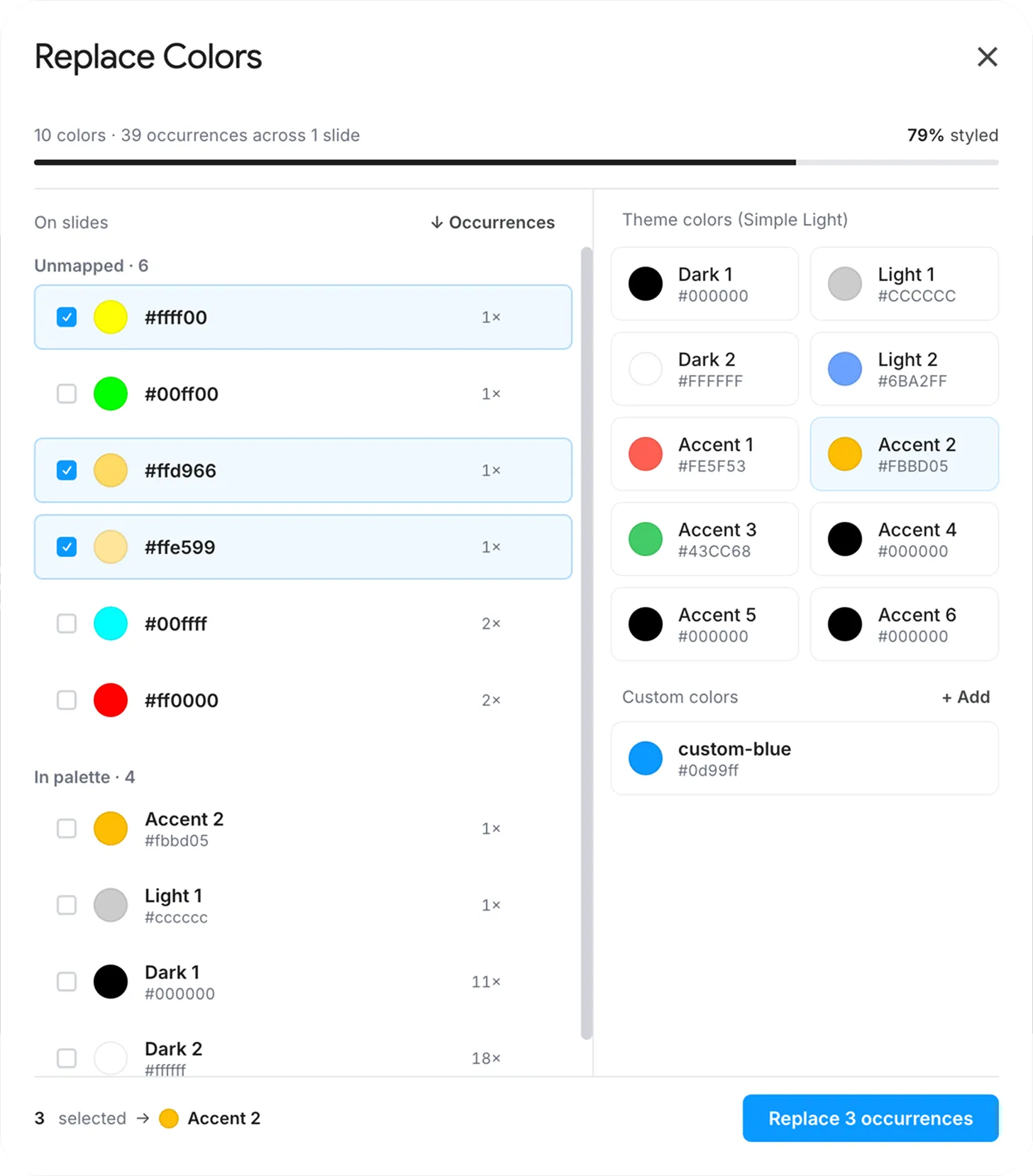 Replace Colors dialog in the Search & Replace add-on