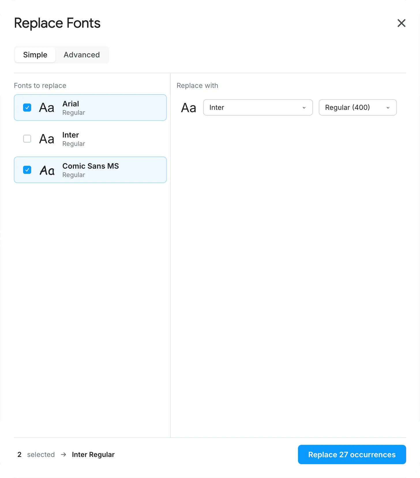 Replace Fonts dialog (Simple mode)